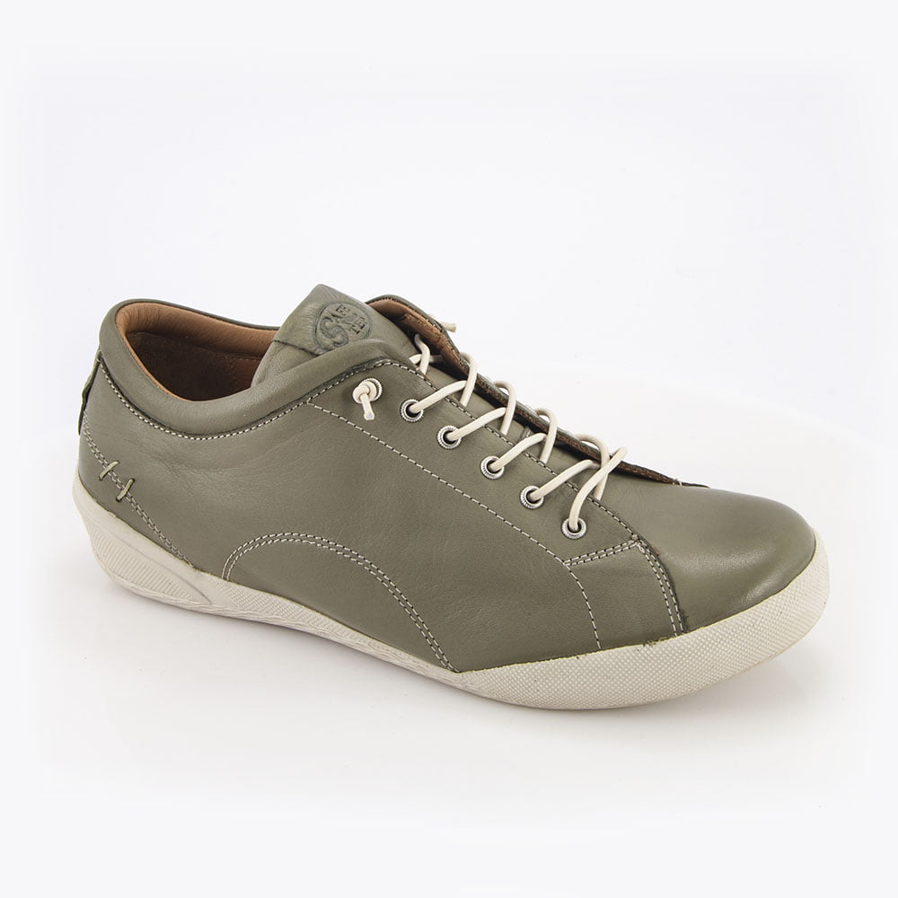 Γυναικείο Δερμάτινο Ανατομικό Sneaker με ελαστικά κορδόνια (Χρώμα Λαδί ) - Safe Step 18403 olive