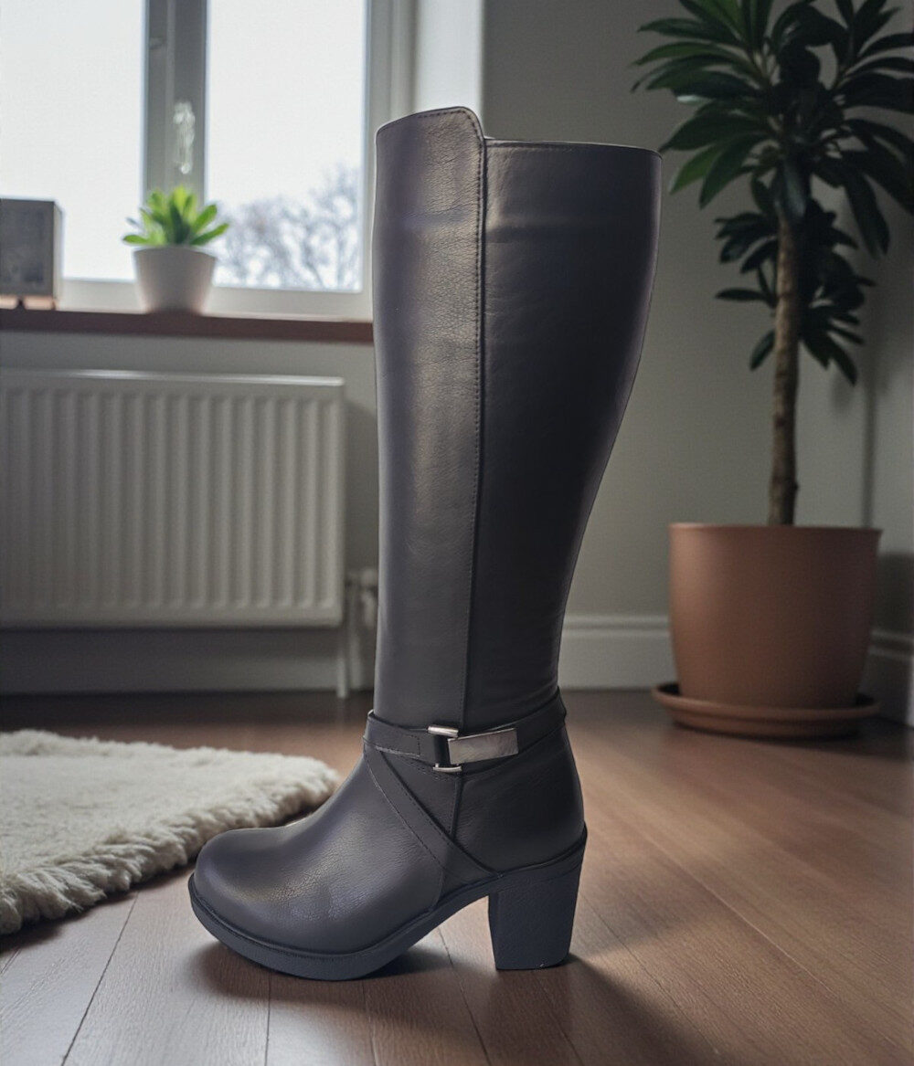 Γυναικεία Δερμάτινη Ανατομική Μπότα με Φερμουάρ & Τακούνι Black