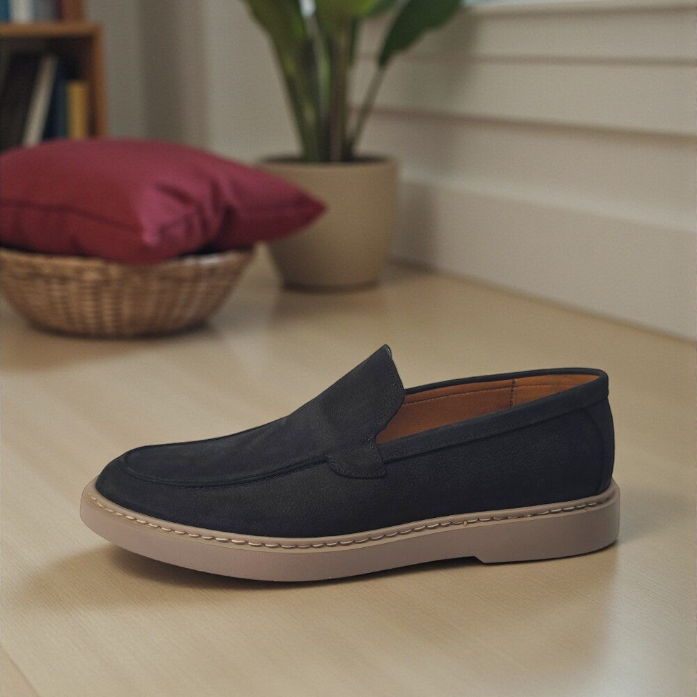Ανδρικό Δερμάτινο Ανατομικό Suede Slip-on Μοκασίνι BLACK