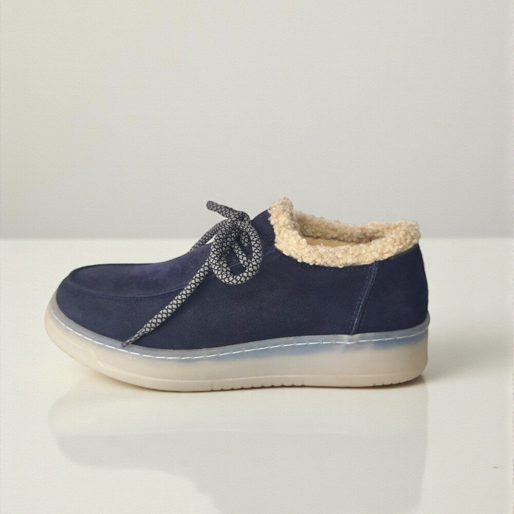 Γυναικείο Δερμάτινο Ανατομικό Suede Loafer με Κορδόνι Dark Blue