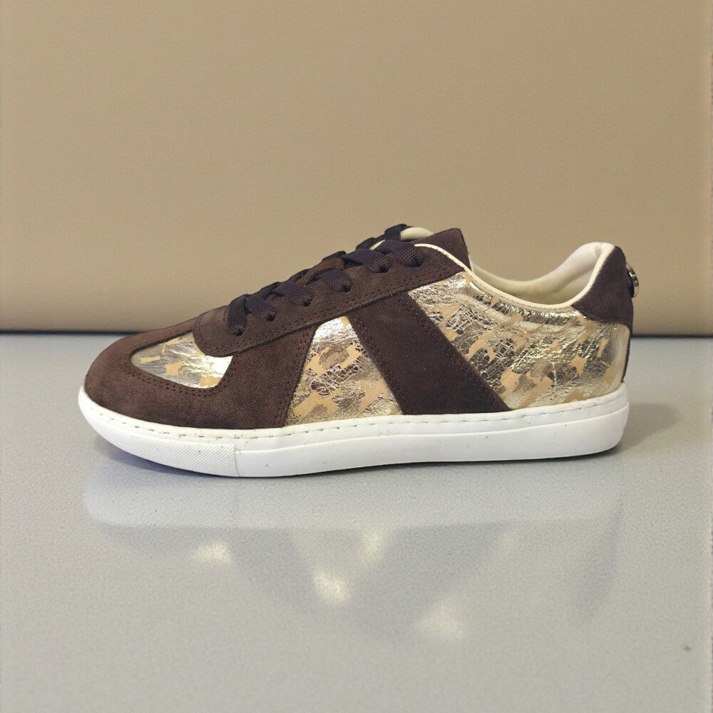Γυναικείο Δερμάτινο Ανατομικό Sneaker με Κορδόνι dark brown/gold