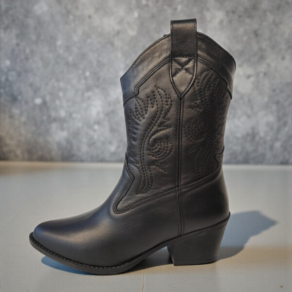 Γυναικεία Δερμάτινη Ανατομική Western Μπότα BLACK